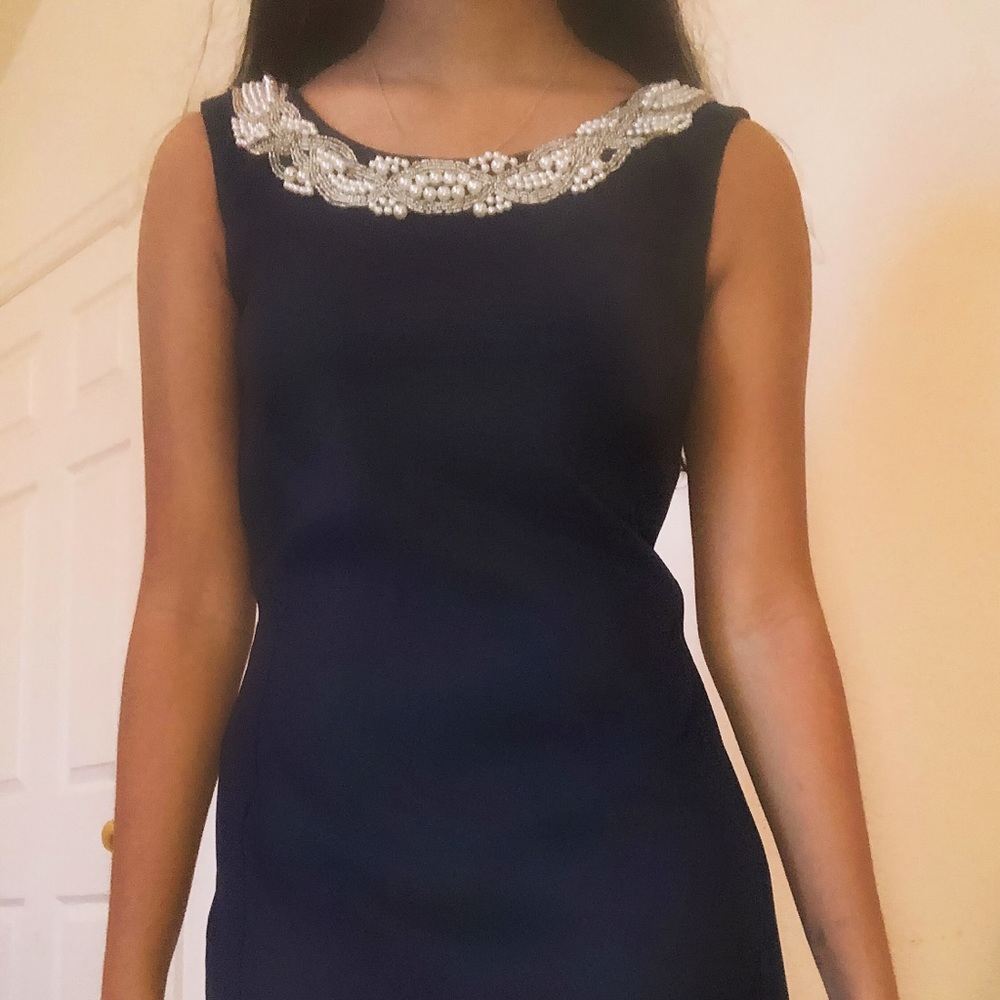 Navy Sheath Dress with Pearl Detailing